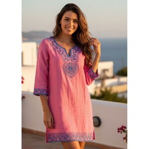 Bella Tu Tunic Dress Womens Pink‎ Linen Embroidered Boho Chic Lightweight Size 6